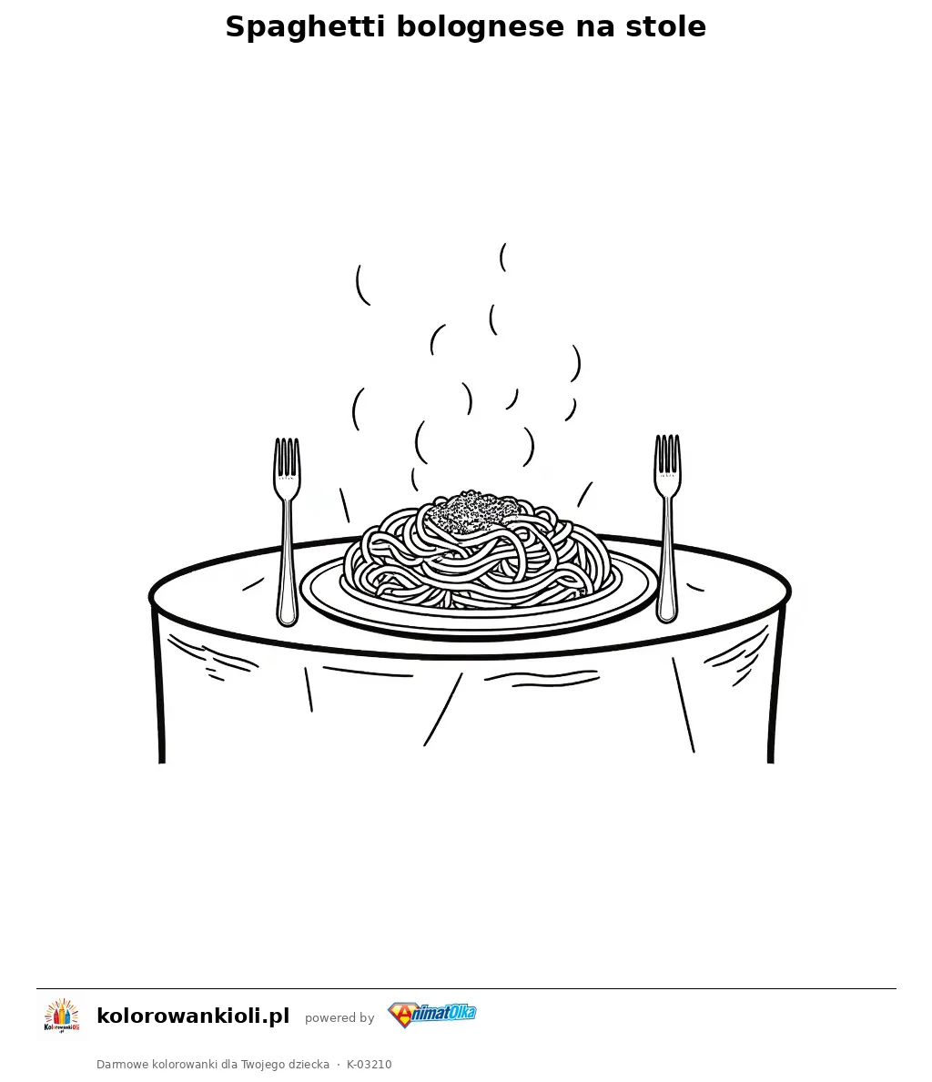 Spaghetti bolognese na stole — kolorowanka do wydruku dla dzieci