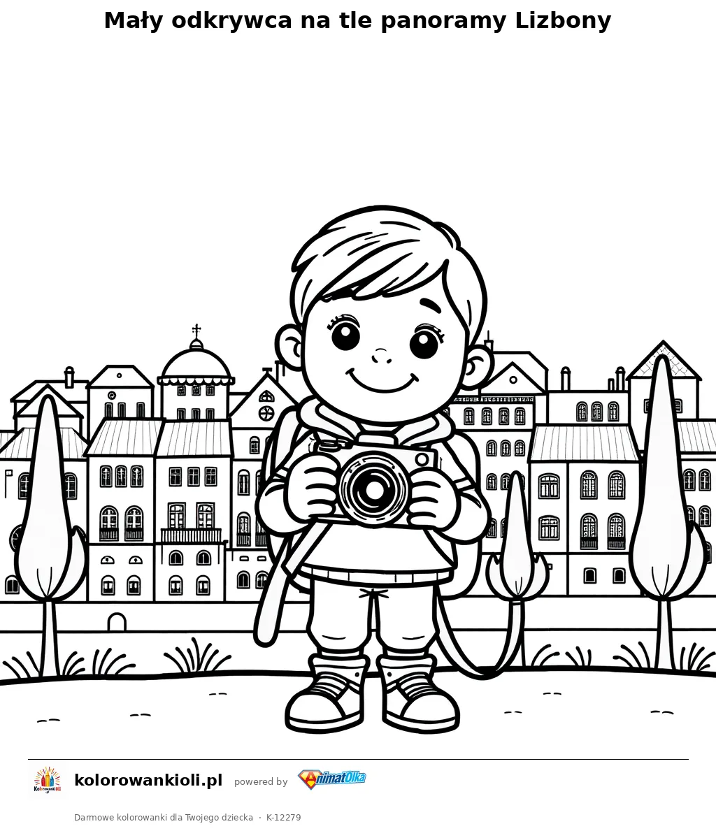 Mały odkrywca na tle panoramy Lizbony — kolorowanka do wydruku dla dzieci