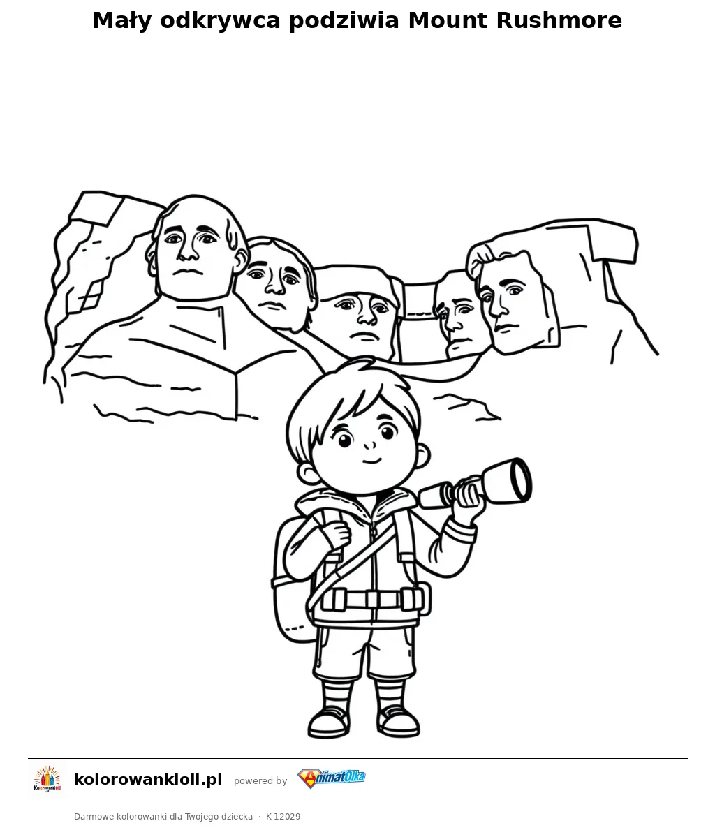 Maly odkrywca podziwia Mount Rushmore — kolorowanka do wydruku dla dzieci