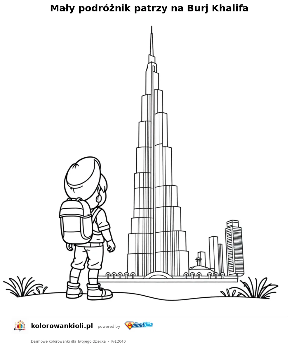 Maly podroznik patrzy na Burj Khalifa — kolorowanka do wydruku dla dzieci