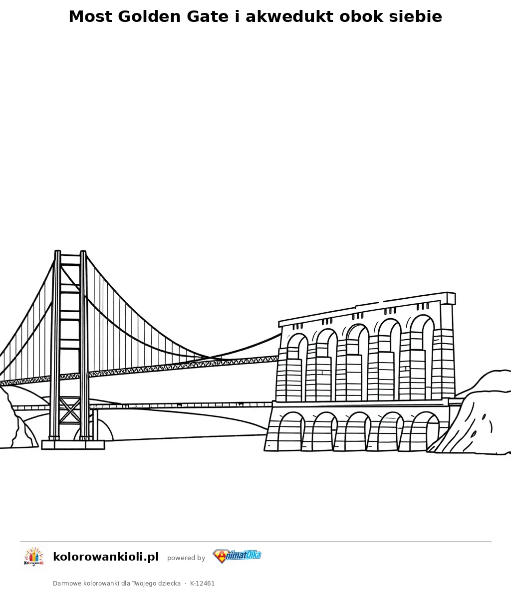 Most Golden Gate i akwedukt obok siebie — kolorowanka do wydruku dla dzieci