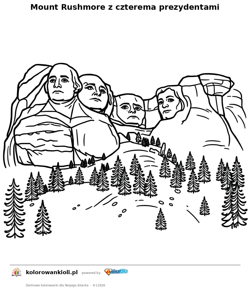 Mount Rushmore z czterema prezydentami — kolorowanka do wydruku dla dzieci