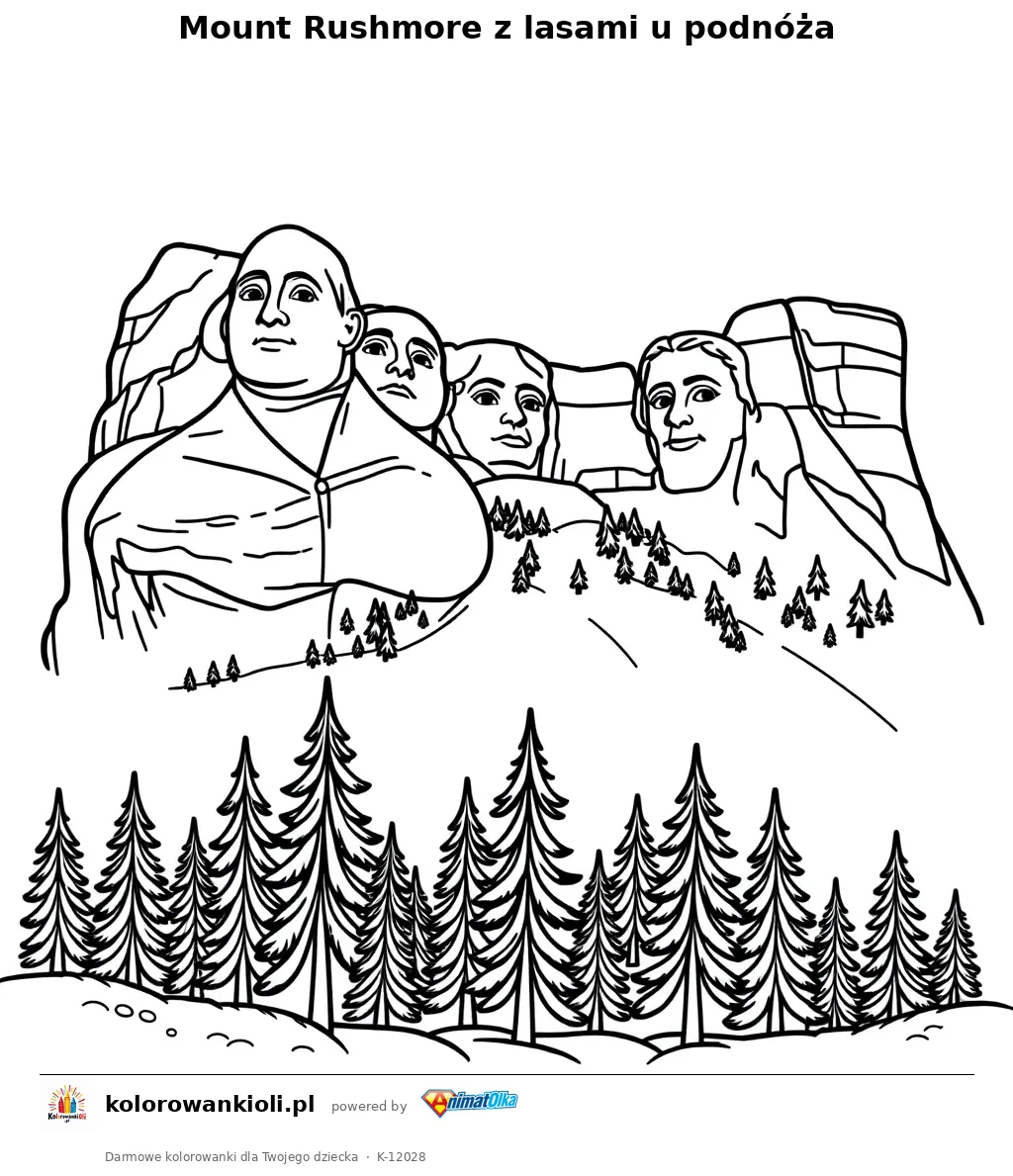 Mount Rushmore z lasami u podnoza — kolorowanka do wydruku dla dzieci