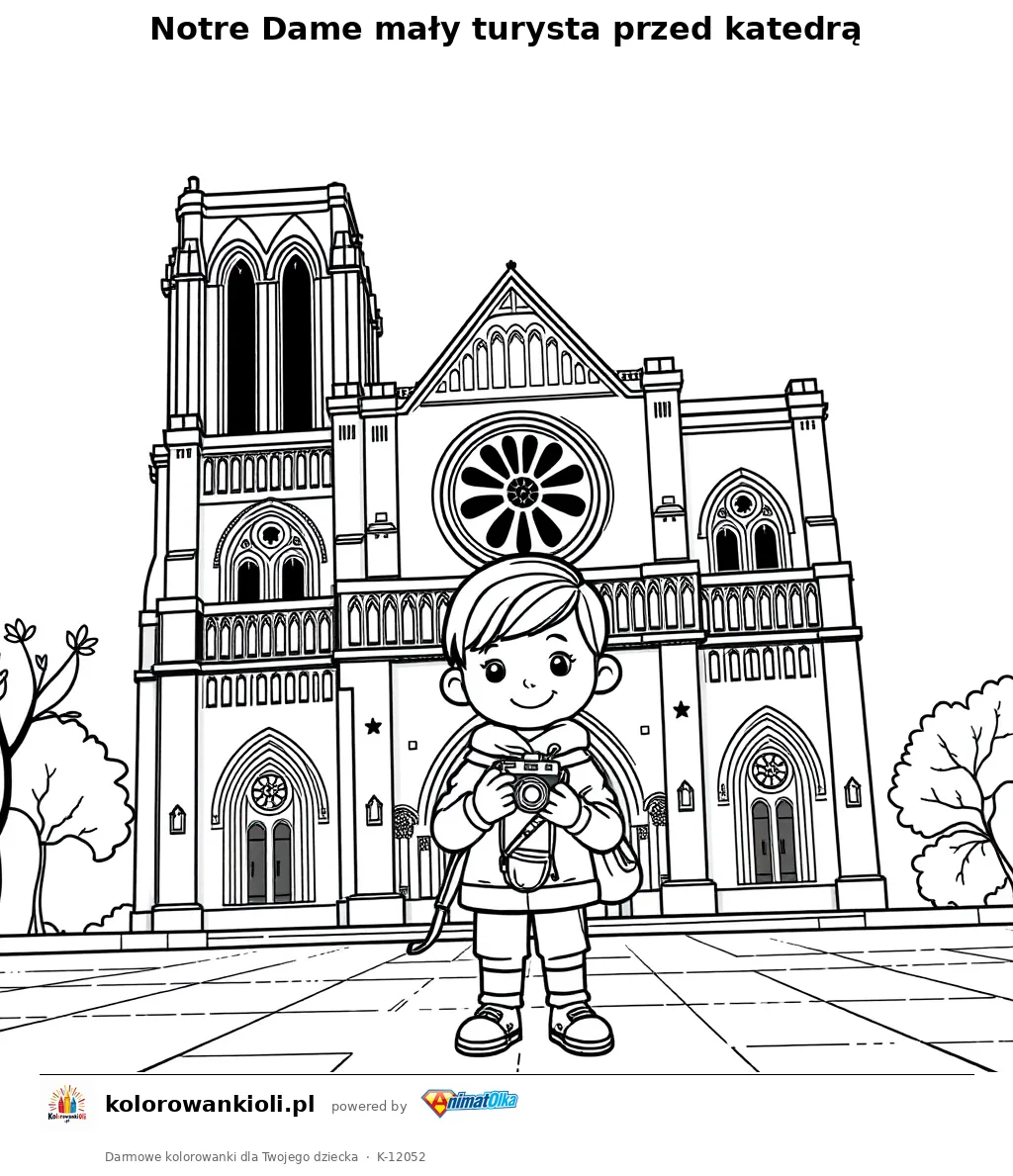Notre Dame maly turysta przed katedra — kolorowanka do wydruku dla dzieci