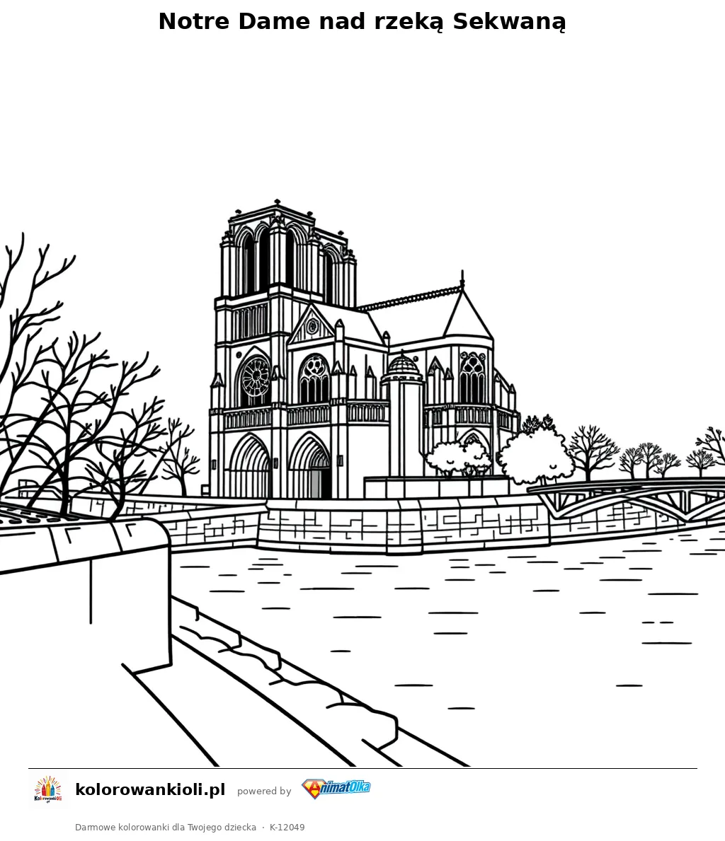 Notre Dame nad rzeka Sekwana — kolorowanka do wydruku dla dzieci