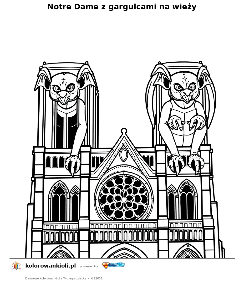 Notre Dame z gargulcami na wiezy — kolorowanka do wydruku dla dzieci