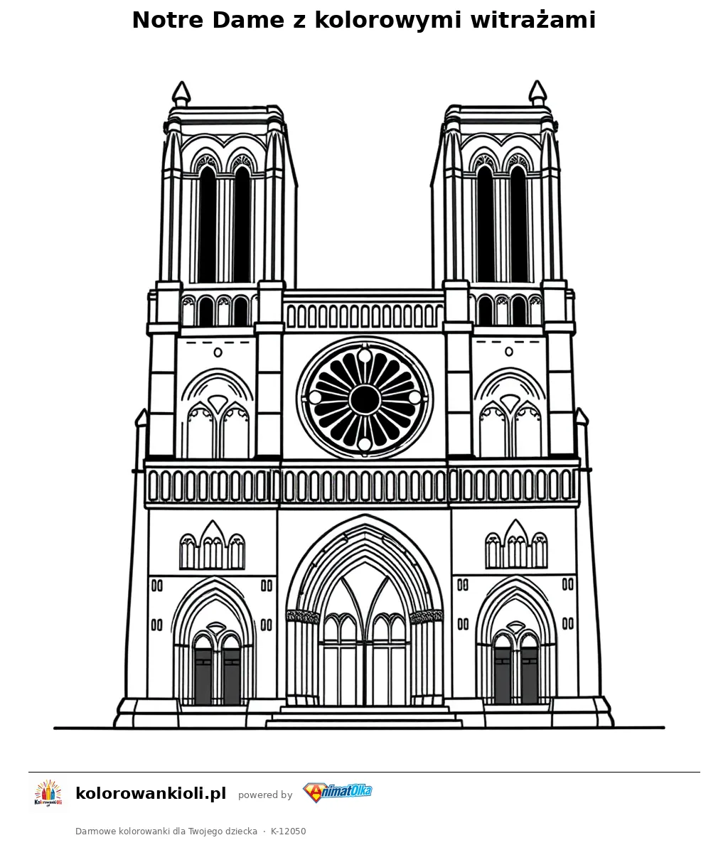Notre Dame z kolorowymi witrazami — kolorowanka do wydruku dla dzieci