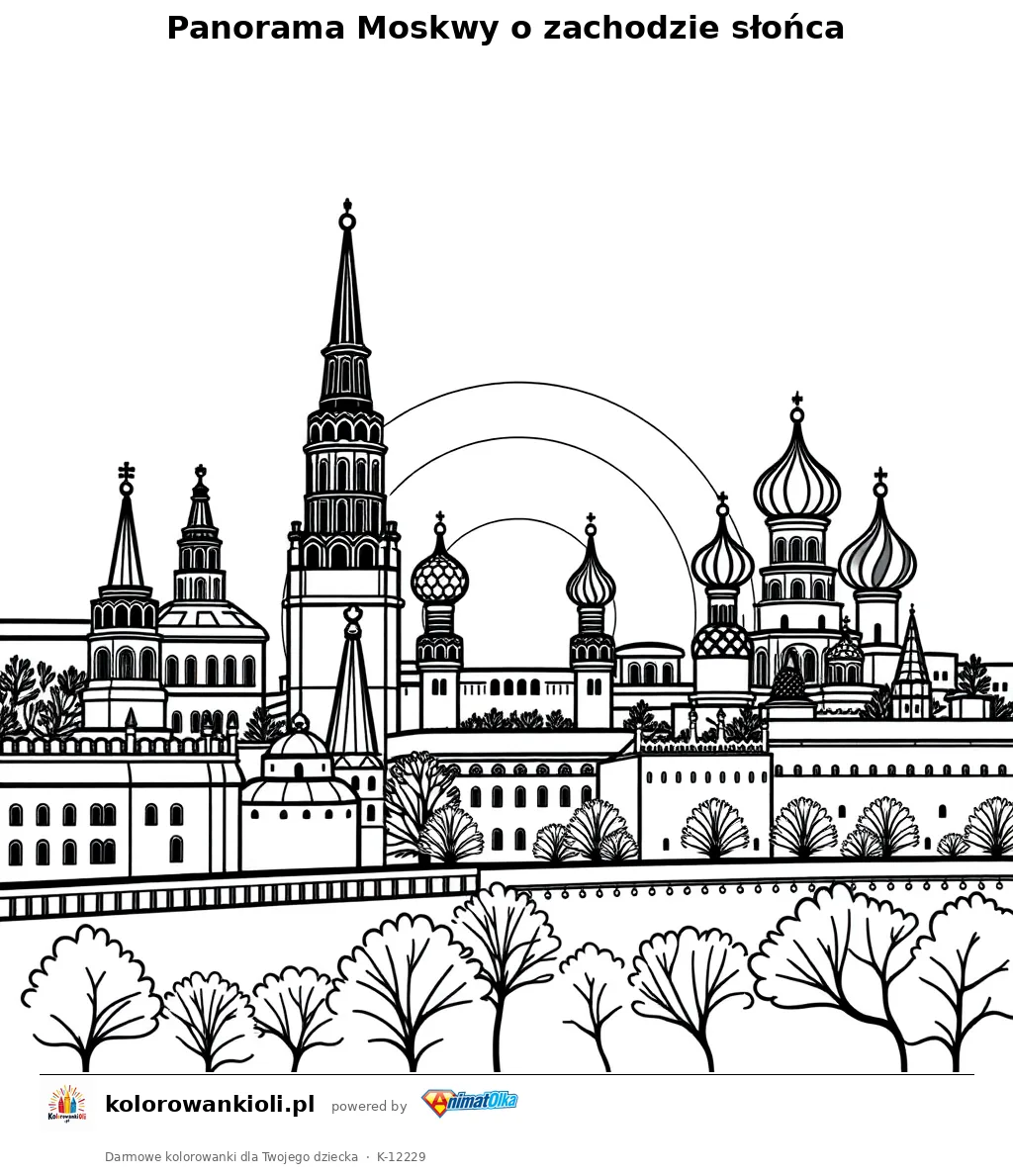 Panorama Moskwy o zachodzie słońca — kolorowanka do wydruku dla dzieci