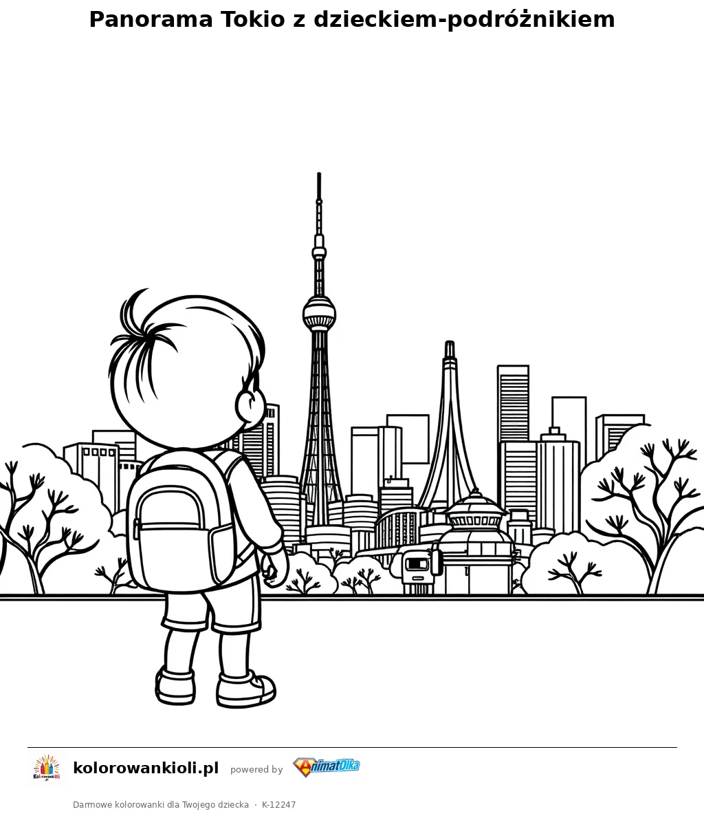 Panorama Tokio z dzieckiem-podroznikiem — kolorowanka do wydruku dla dzieci