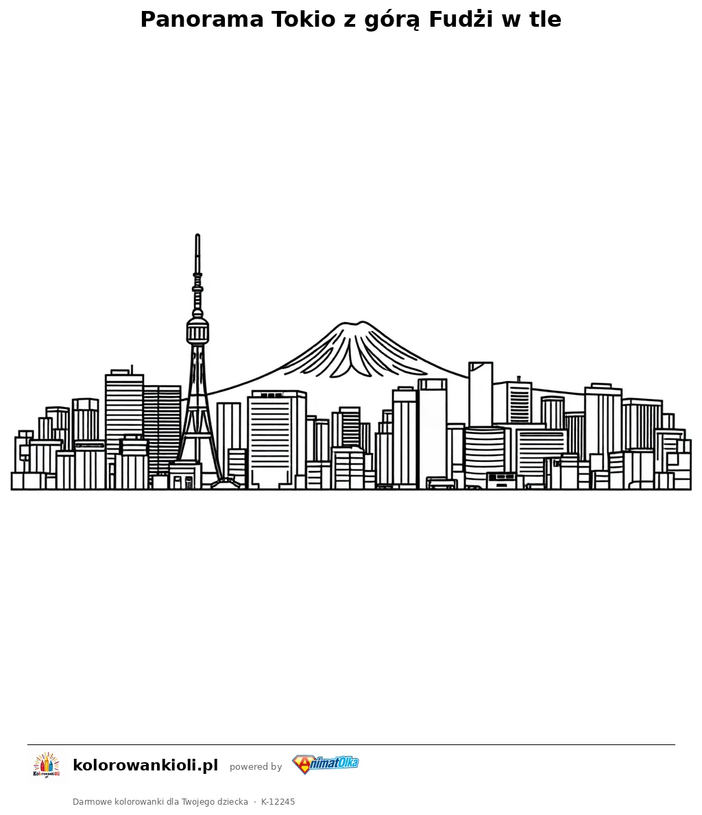 Panorama Tokio z gora Fudzi w tle — kolorowanka do wydruku dla dzieci