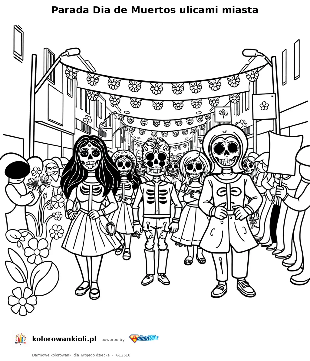 Parada Dia de Muertos ulicami miasta — kolorowanka do wydruku dla dzieci