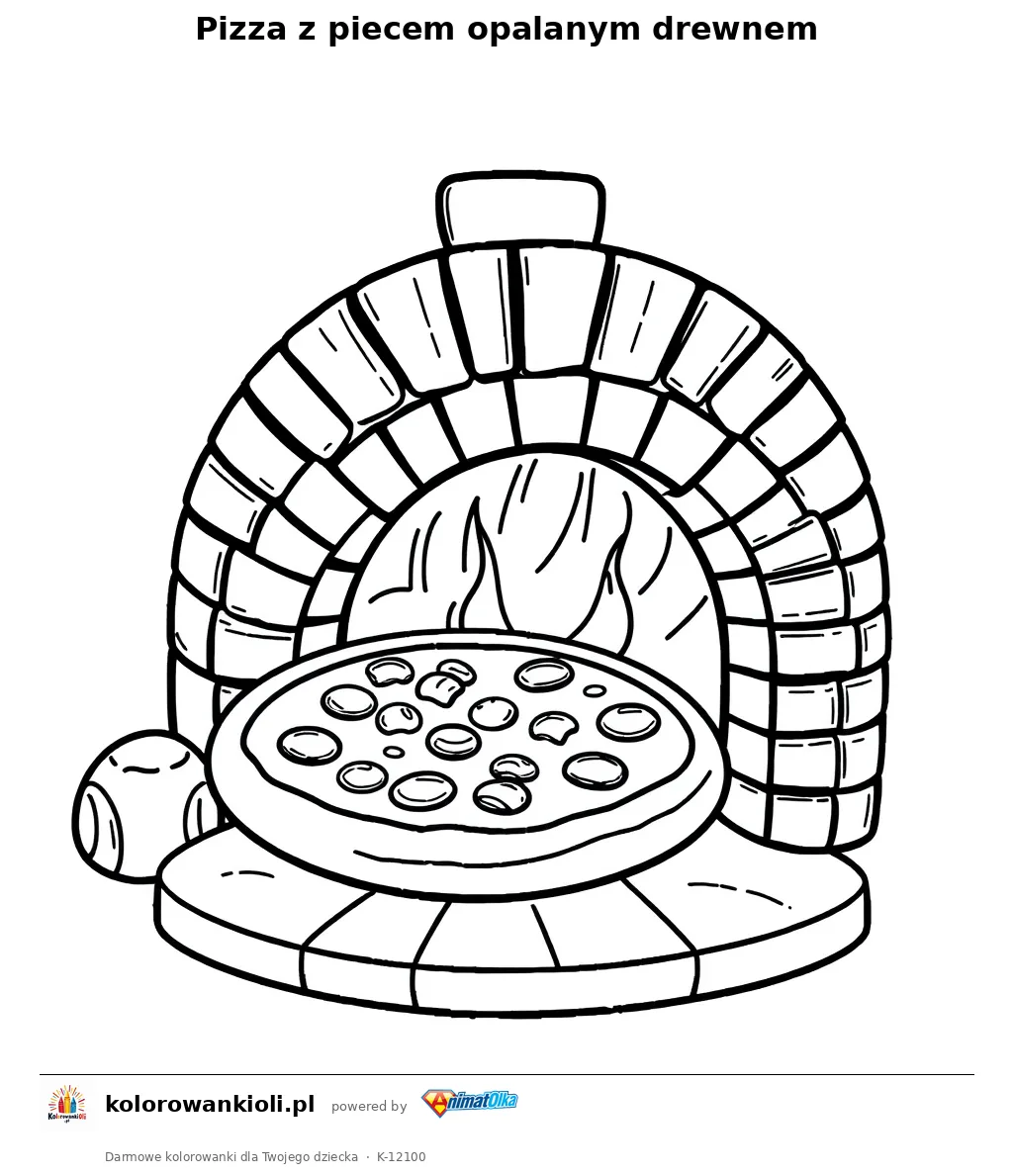 Pizza z piecem opalanym drewnem — kolorowanka do wydruku dla dzieci