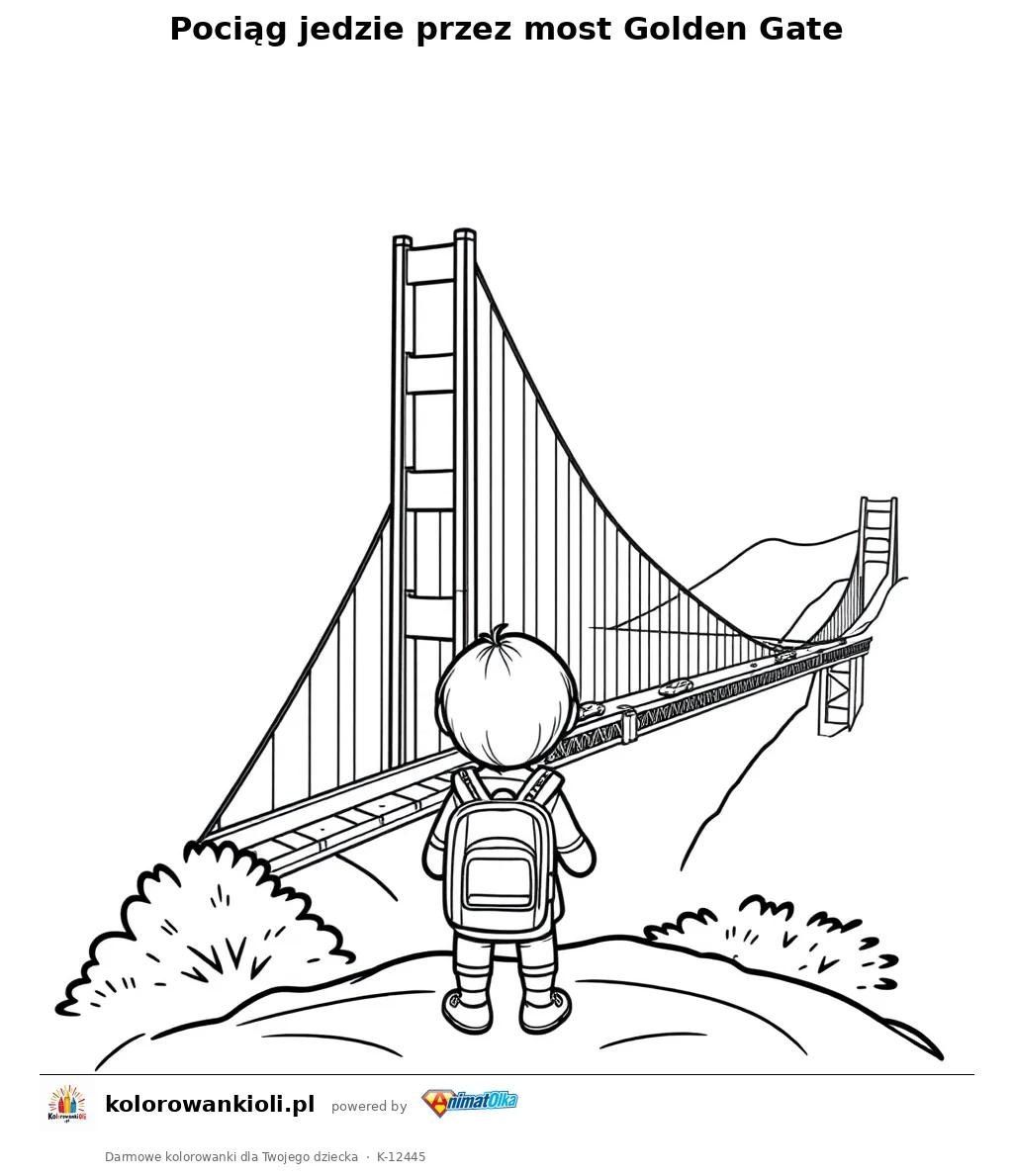 Pociag jedzie przez most Golden Gate — kolorowanka do wydruku dla dzieci