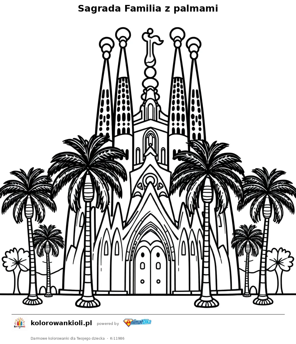 Sagrada Familia z palmami — kolorowanka do wydruku dla dzieci