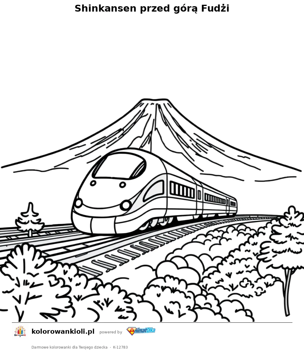 Shinkansen przed górą Fudżi — kolorowanka do wydruku dla dzieci