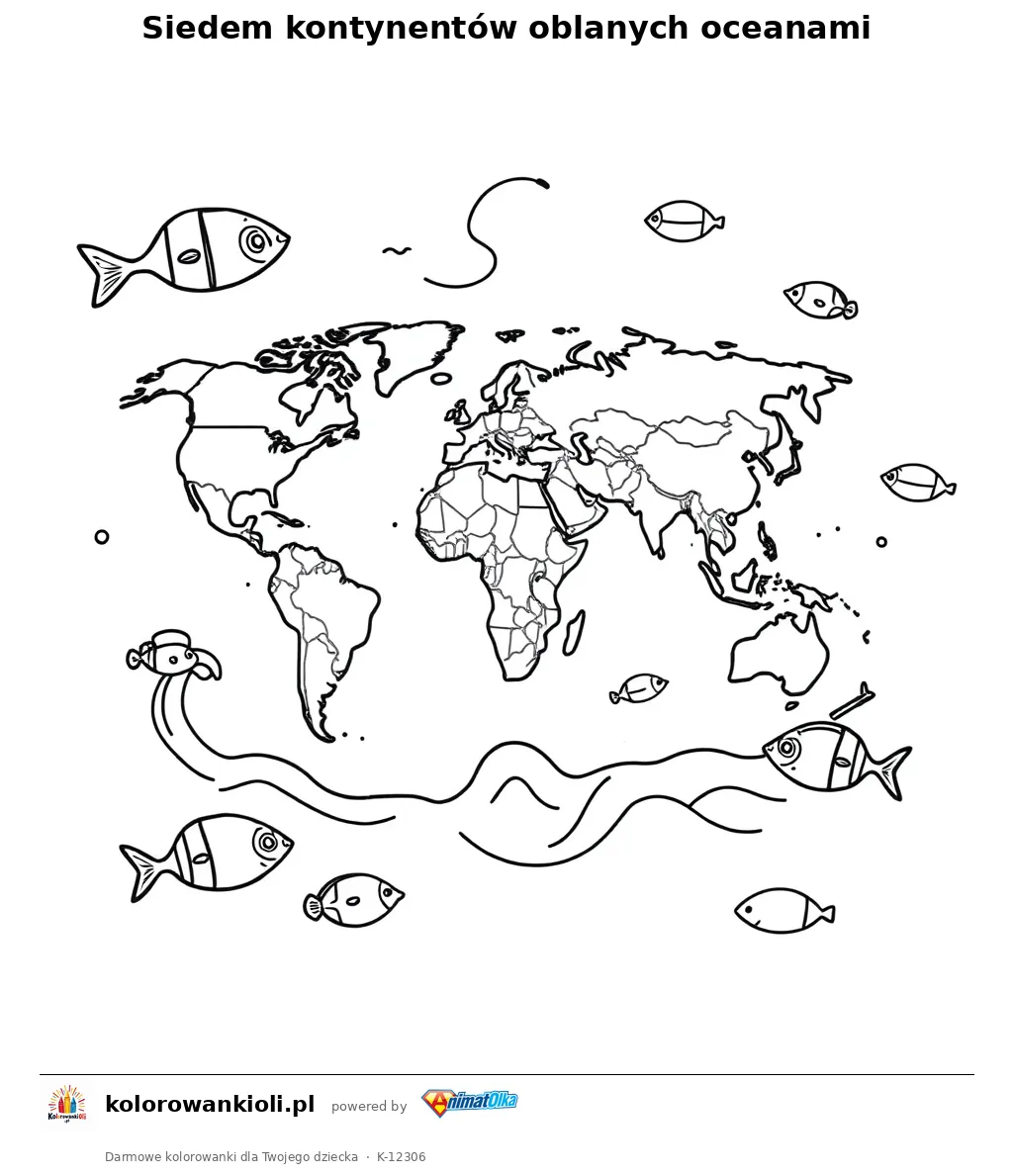 Siedem kontynentow oblanych oceanami — kolorowanka do wydruku dla dzieci