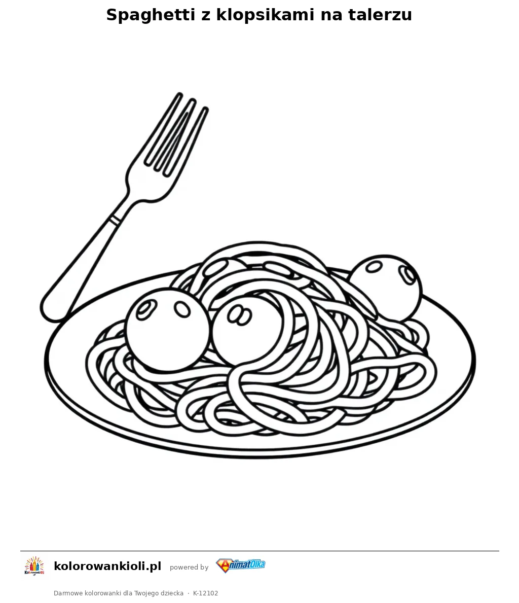 Spaghetti z klopsikami na talerzu — kolorowanka do wydruku dla dzieci