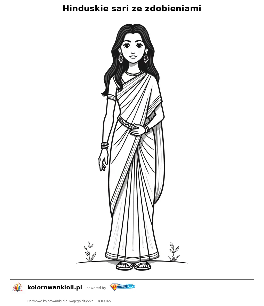 Hinduskie sari ze zdobieniami — kolorowanka do wydruku dla dzieci