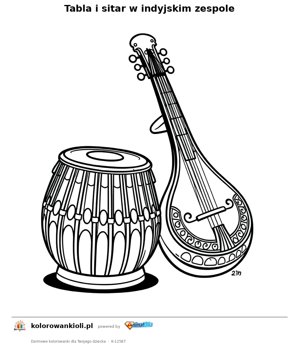 Tabla i sitar w indyjskim zespole — kolorowanka do wydruku dla dzieci