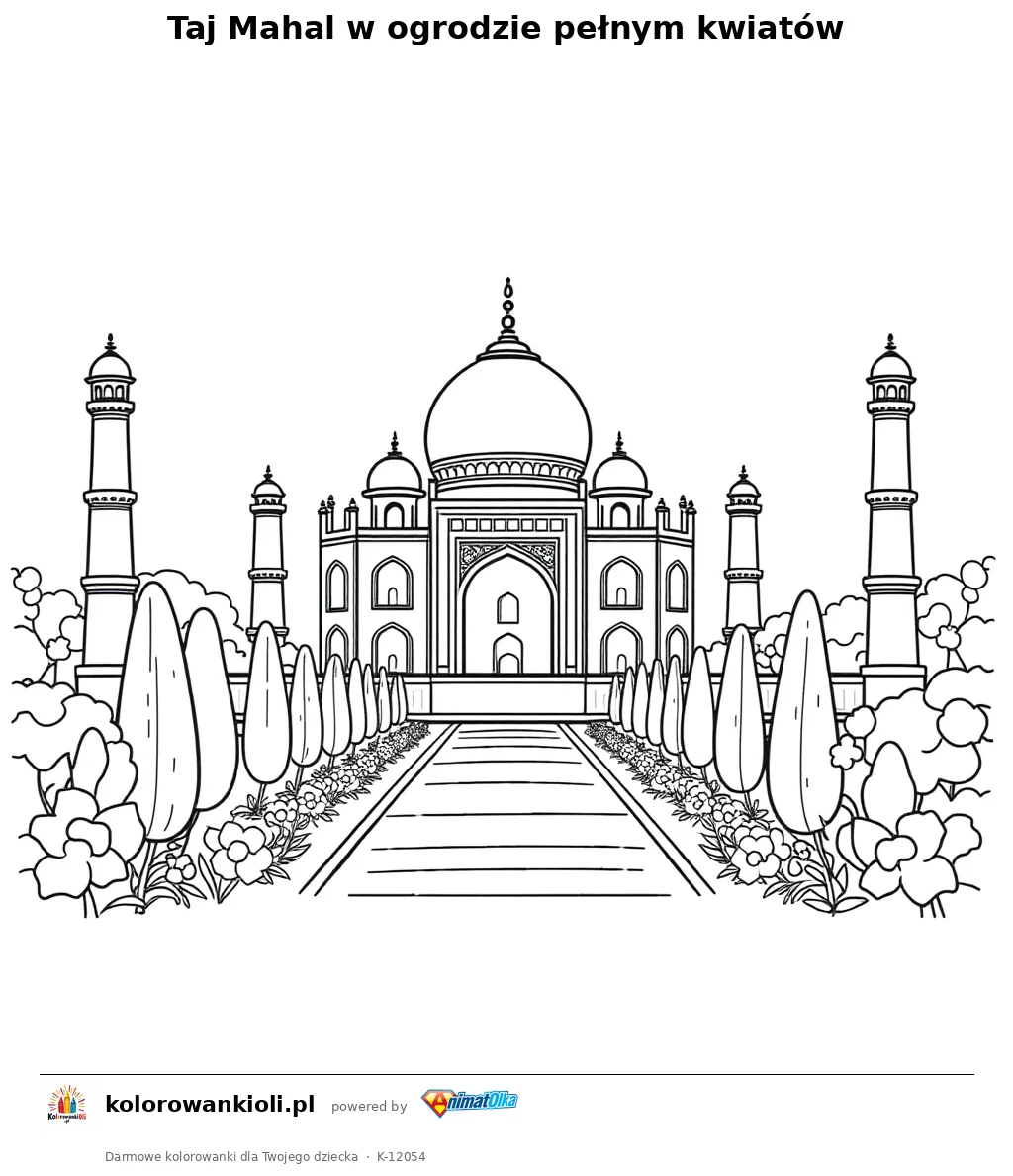 Taj Mahal w ogrodzie pelnym kwiatow — kolorowanka do wydruku dla dzieci