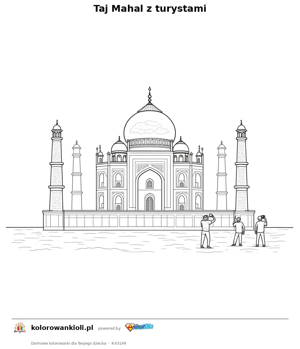 Taj Mahal z turystami — kolorowanka do wydruku dla dzieci