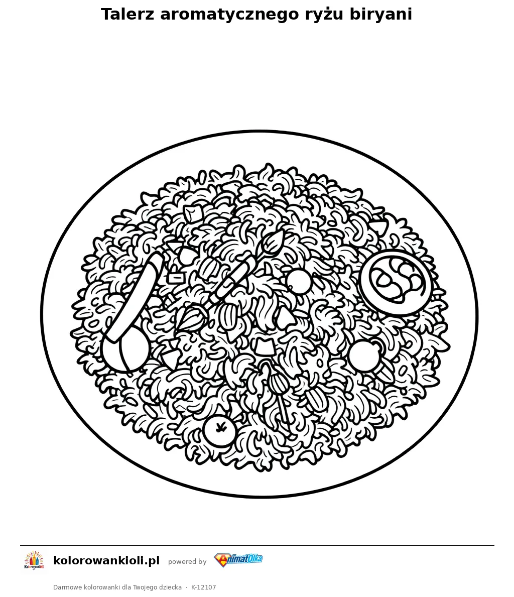 Talerz aromatycznego ryzu biryani — kolorowanka do wydruku dla dzieci