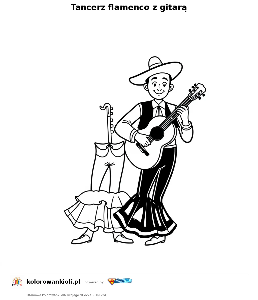 Tancerz flamenco z gitarą — kolorowanka do wydruku dla dzieci