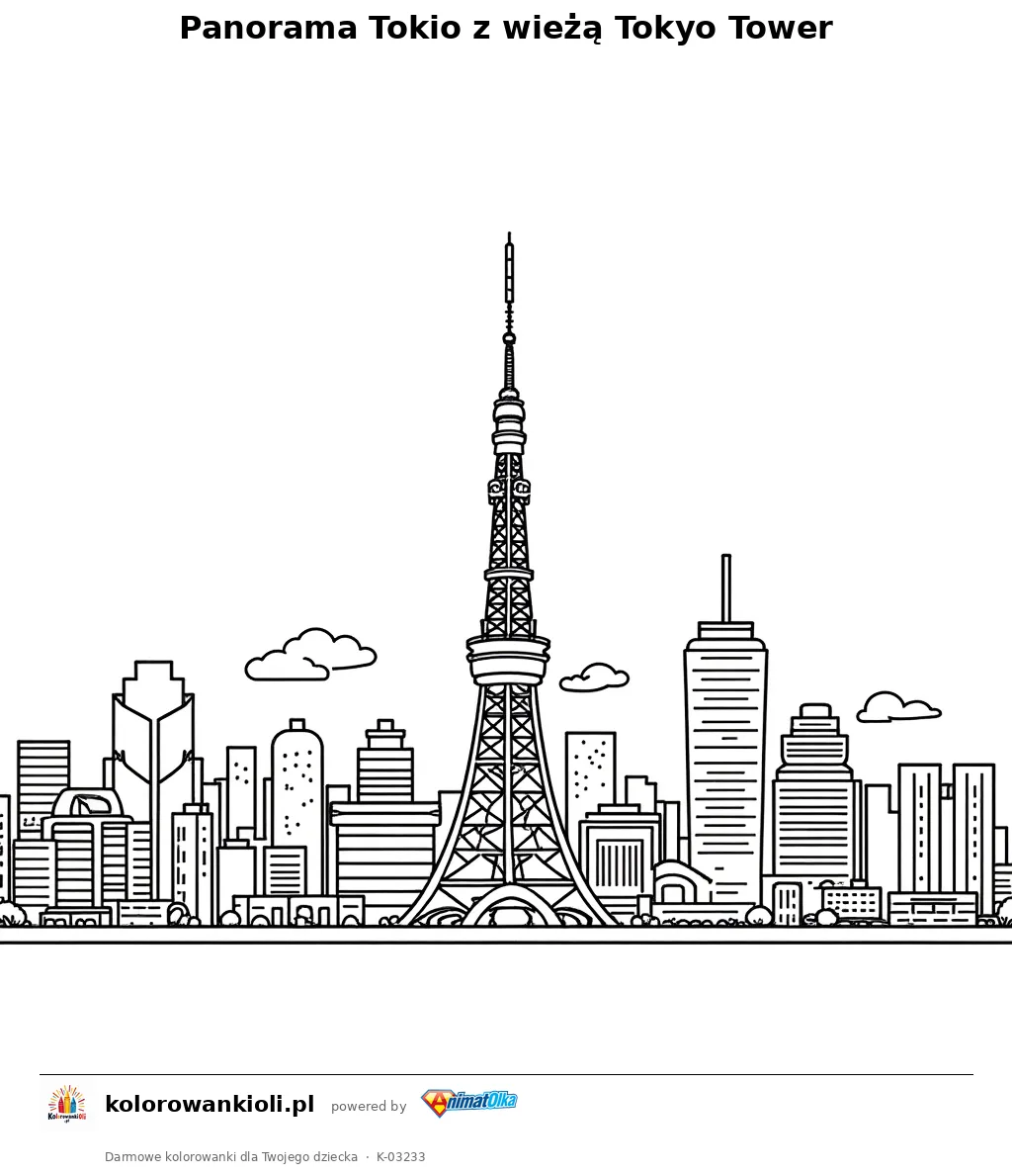 Panorama Tokio z wieżą Tokyo Tower — kolorowanka do wydruku dla dzieci