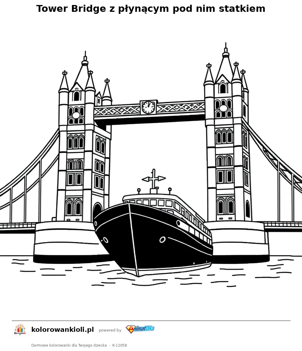 Tower Bridge z plynacym pod nim statkiem — kolorowanka do wydruku dla dzieci