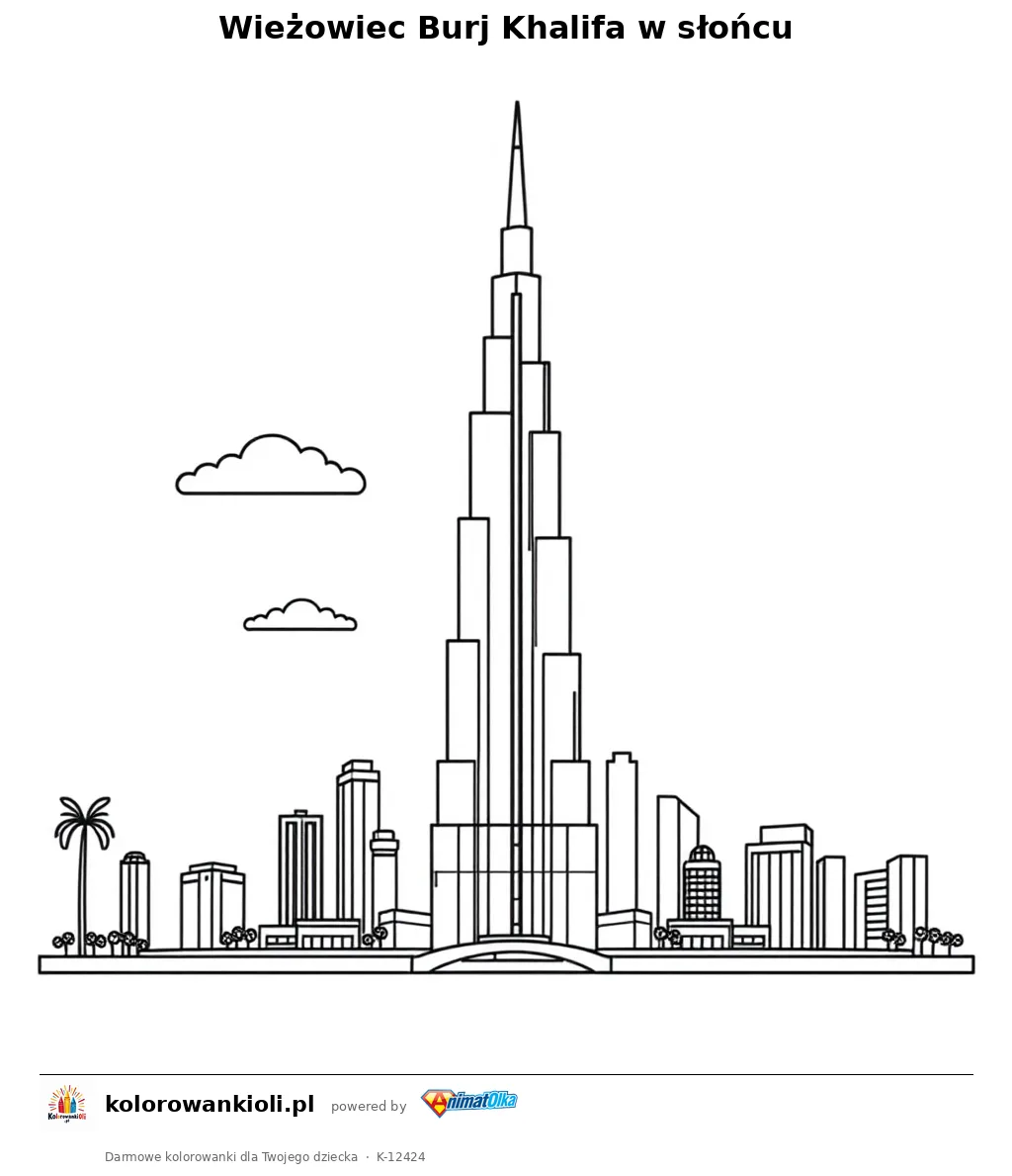 Wieżowiec Burj Khalifa w słońcu — kolorowanka do wydruku dla dzieci