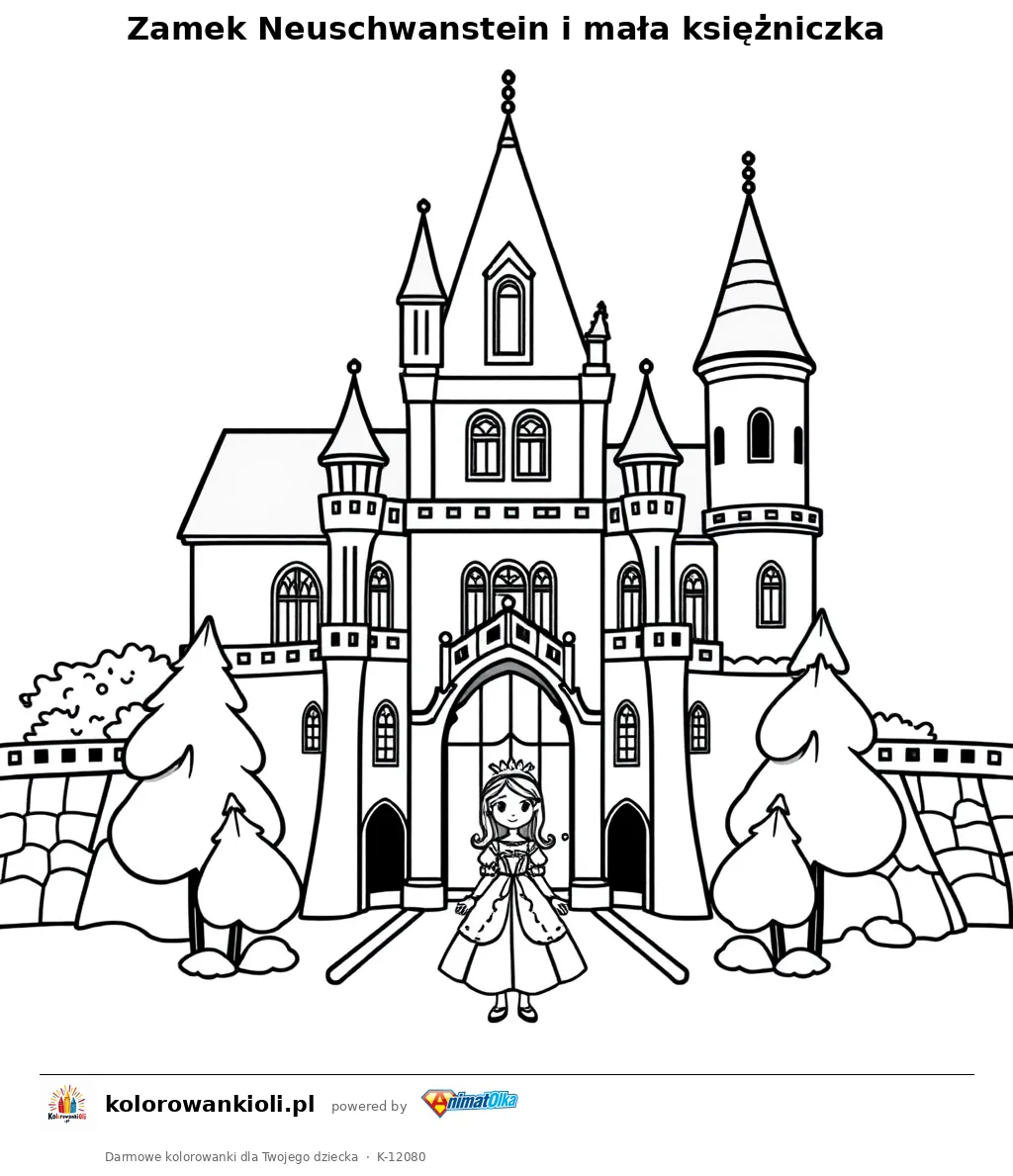 Zamek Neuschwanstein i mała księżniczka — kolorowanka do wydruku dla dzieci