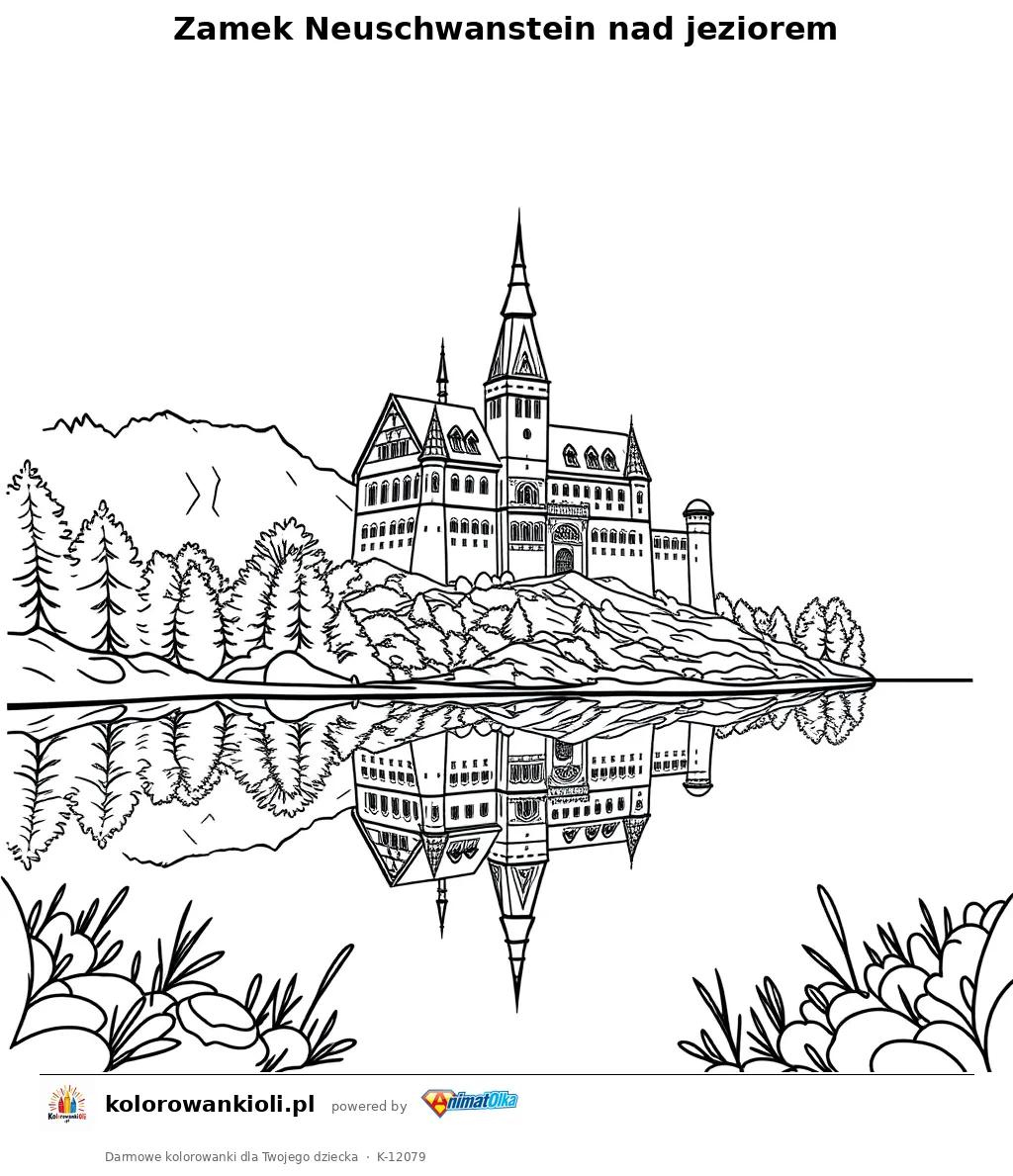 Zamek Neuschwanstein nad jeziorem — kolorowanka do wydruku dla dzieci