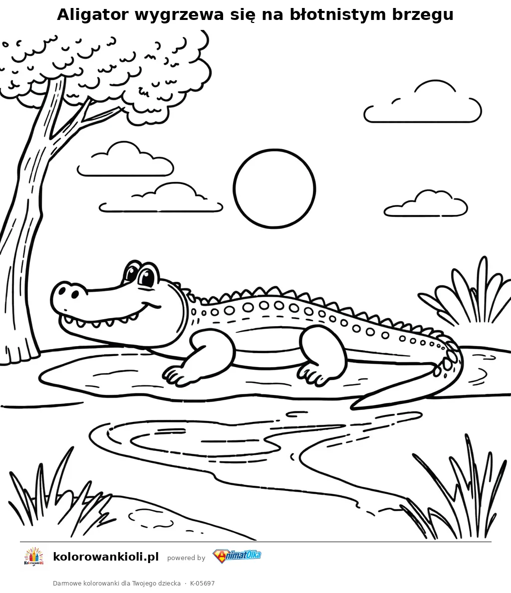 Aligator wygrzewa się na błotnistym brzegu — kolorowanka do wydruku dla dzieci