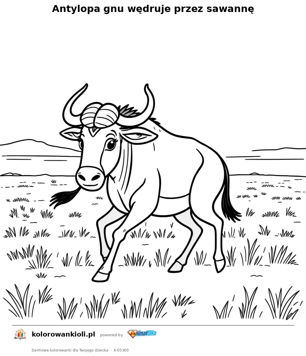 Antylopa gnu wędruje przez sawannę — kolorowanka do wydruku dla dzieci