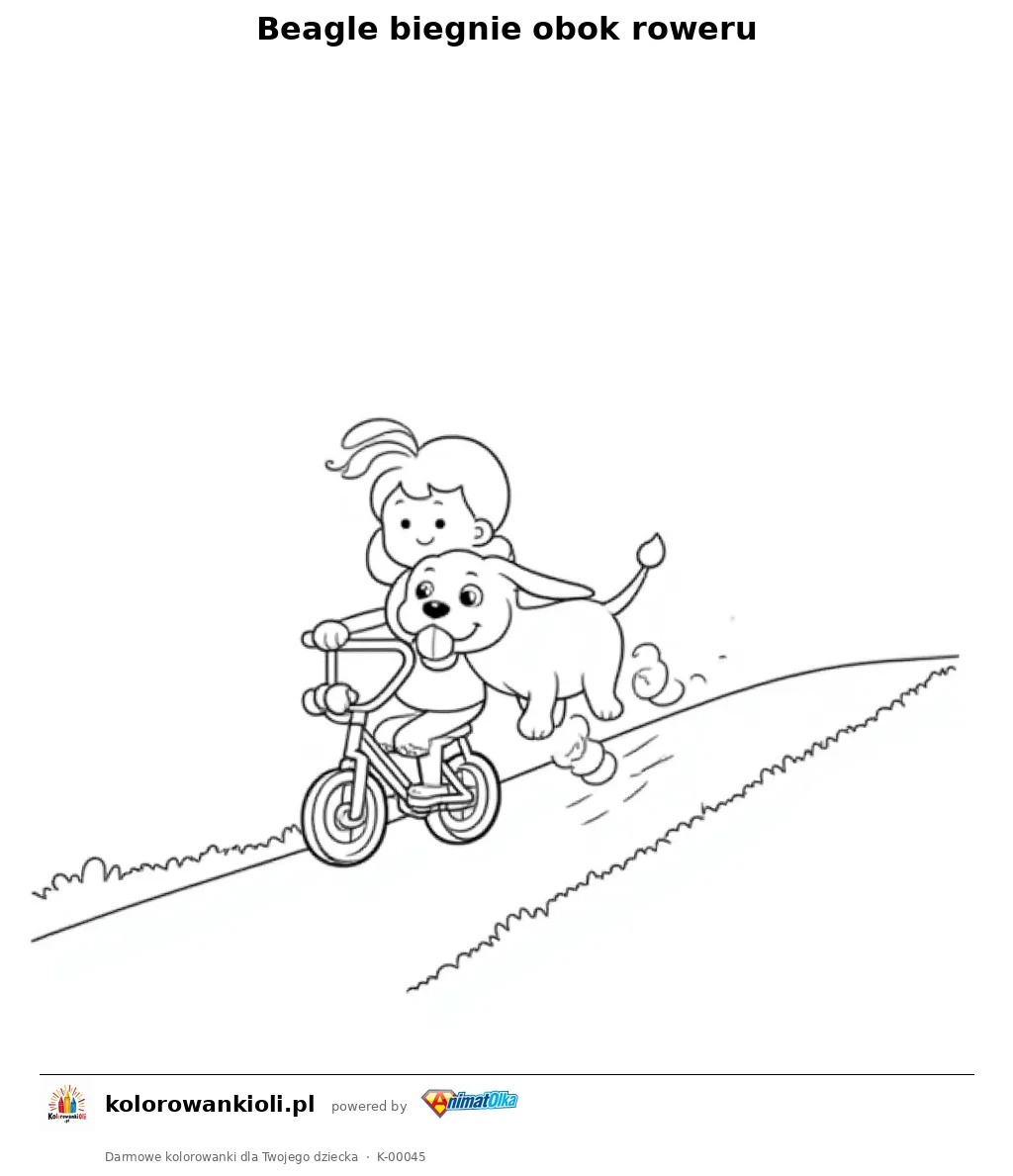 Beagle biegnie obok roweru — kolorowanka do wydruku dla dzieci