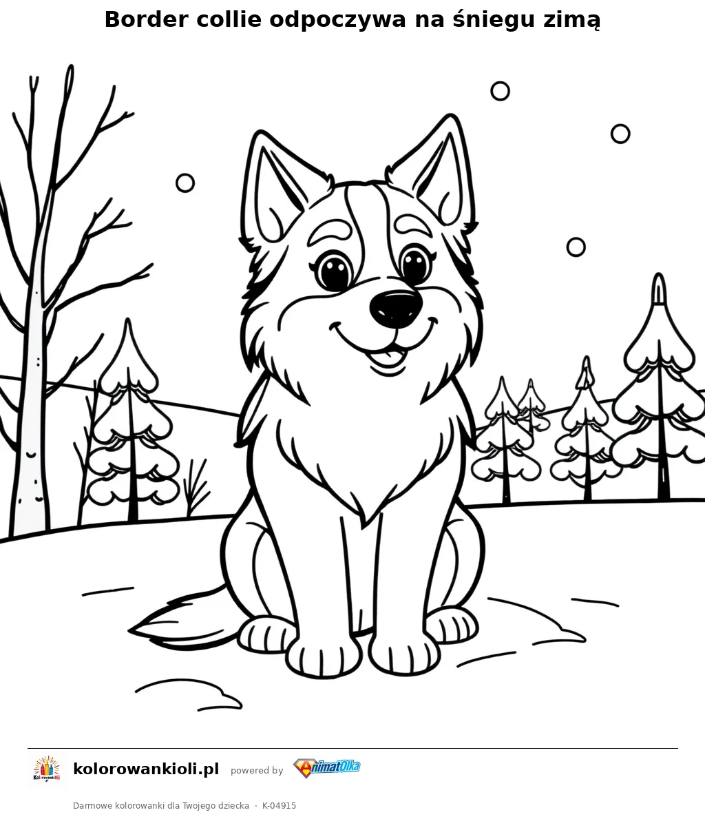Border collie odpoczywa na śniegu zimą — kolorowanka do wydruku dla dzieci