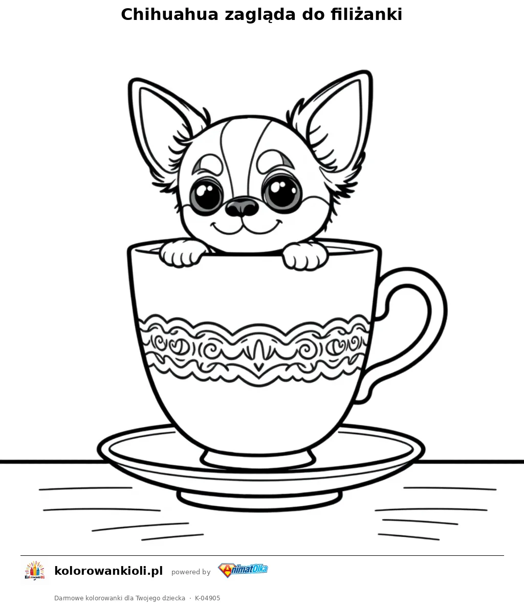 Chihuahua zagląda do filiżanki — kolorowanka do wydruku dla dzieci