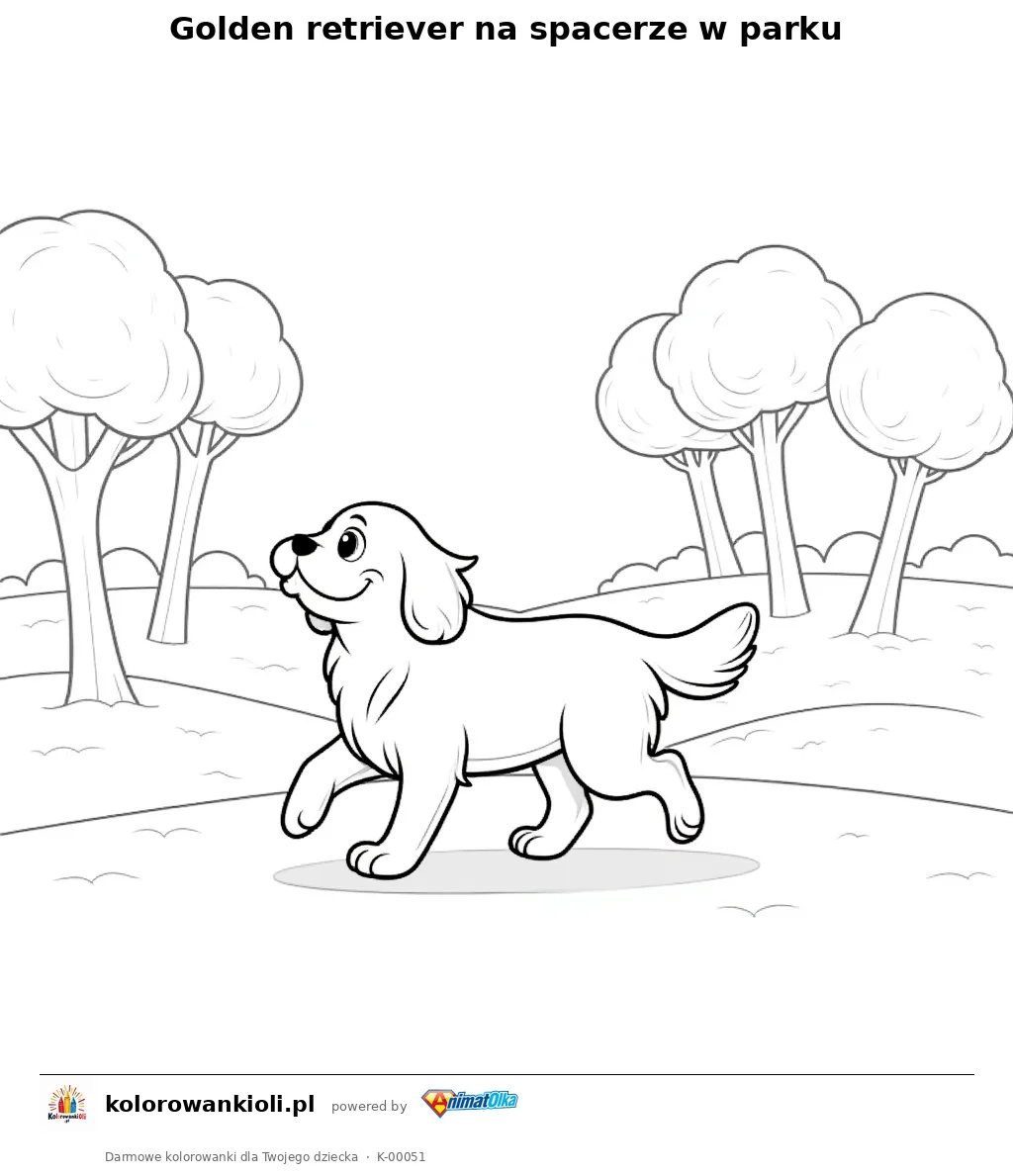 Golden retriever na spacerze w parku — kolorowanka do wydruku dla dzieci