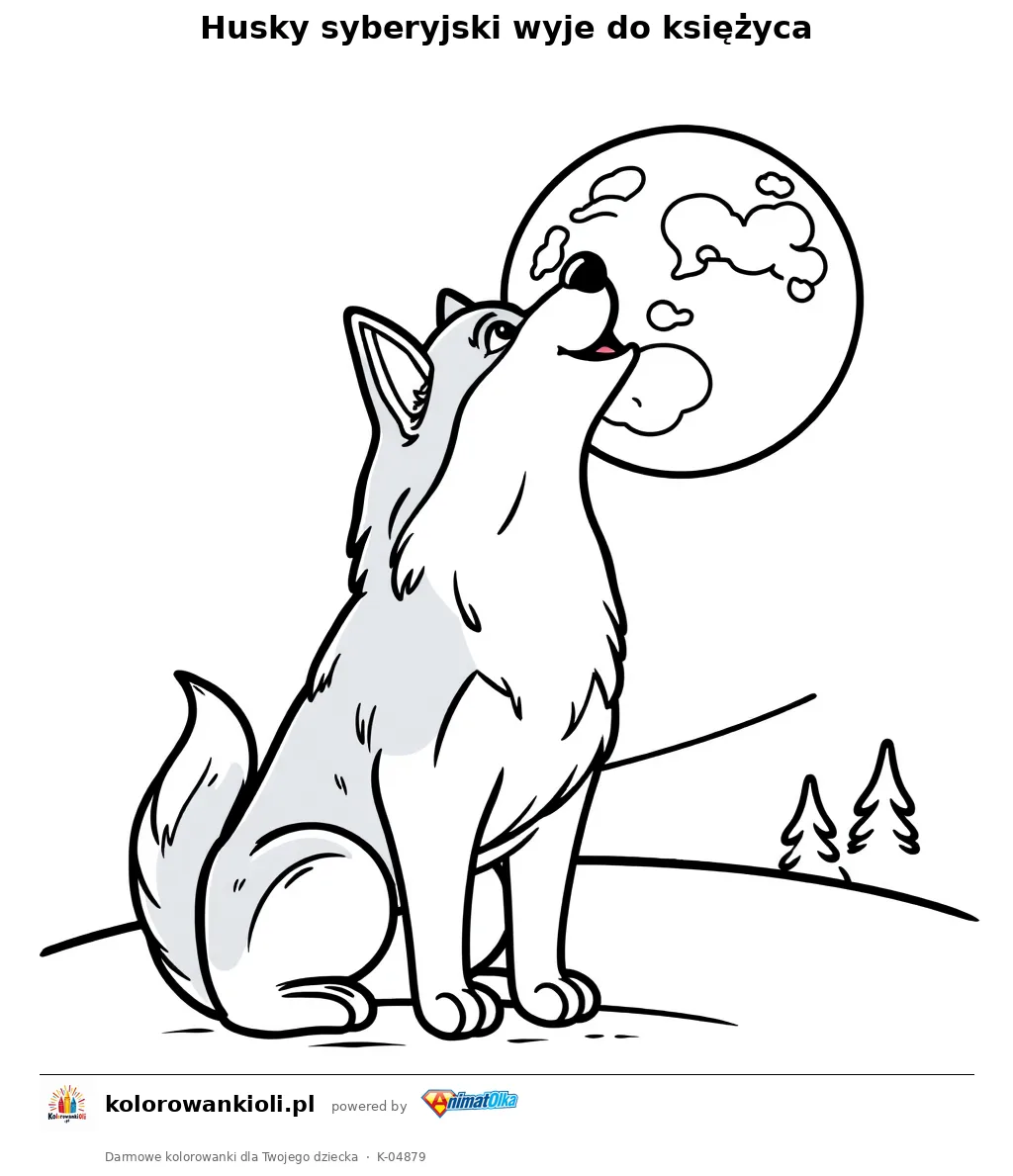Husky syberyjski wyje do księżyca — kolorowanka do wydruku dla dzieci