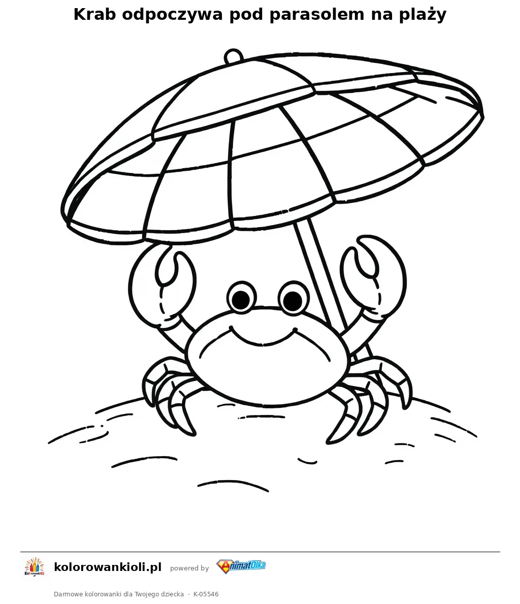 Krab odpoczywa pod parasolem na plaży — kolorowanka do wydruku dla dzieci