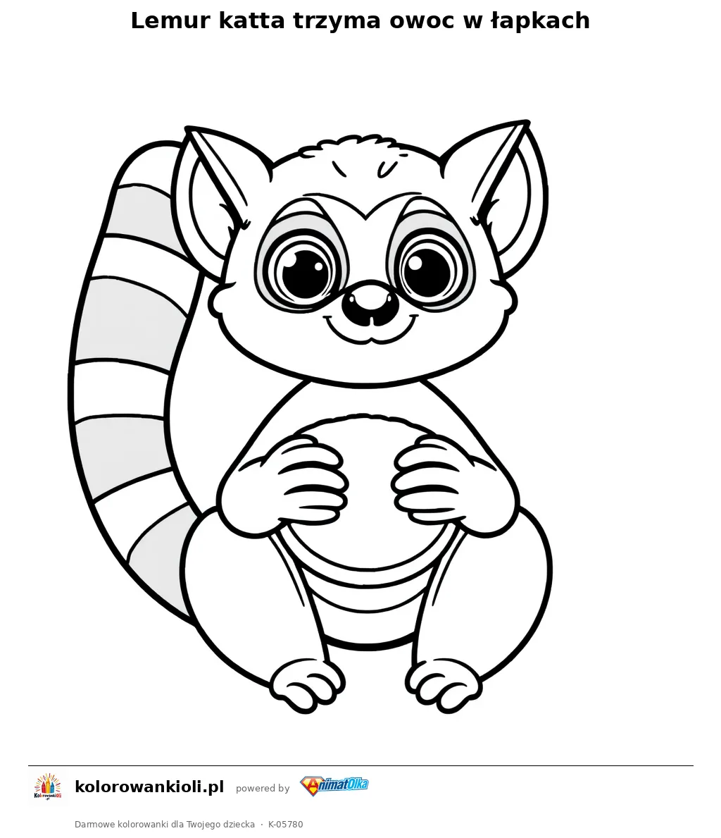 Lemur katta trzyma owoc w łapkach — kolorowanka do wydruku dla dzieci