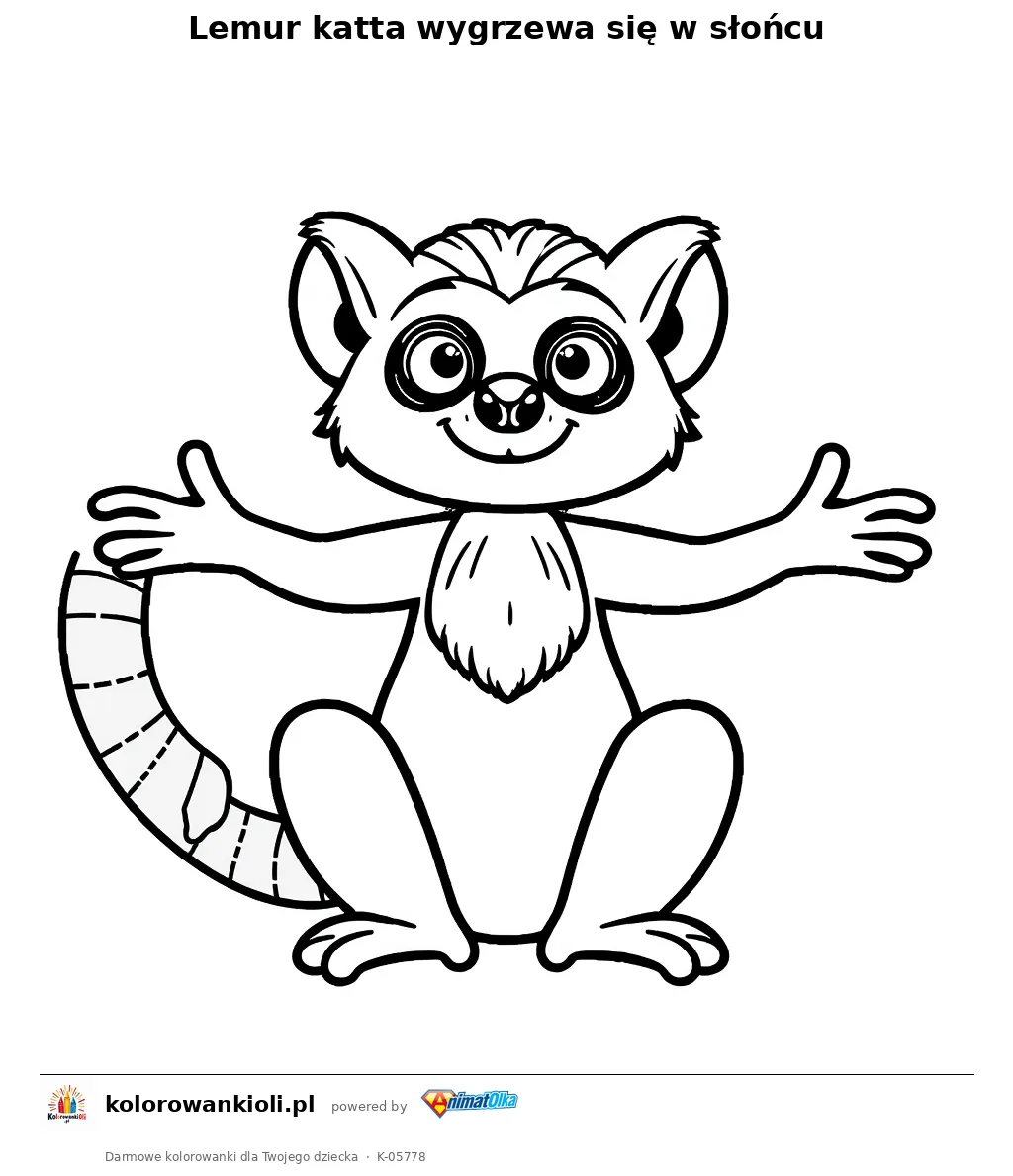 Lemur katta wygrzewa się w słońcu — kolorowanka do wydruku dla dzieci