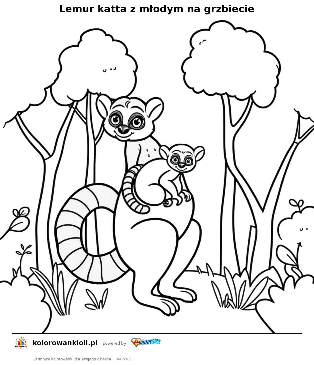 Lemur katta z młodym na grzbiecie — kolorowanka do wydruku dla dzieci
