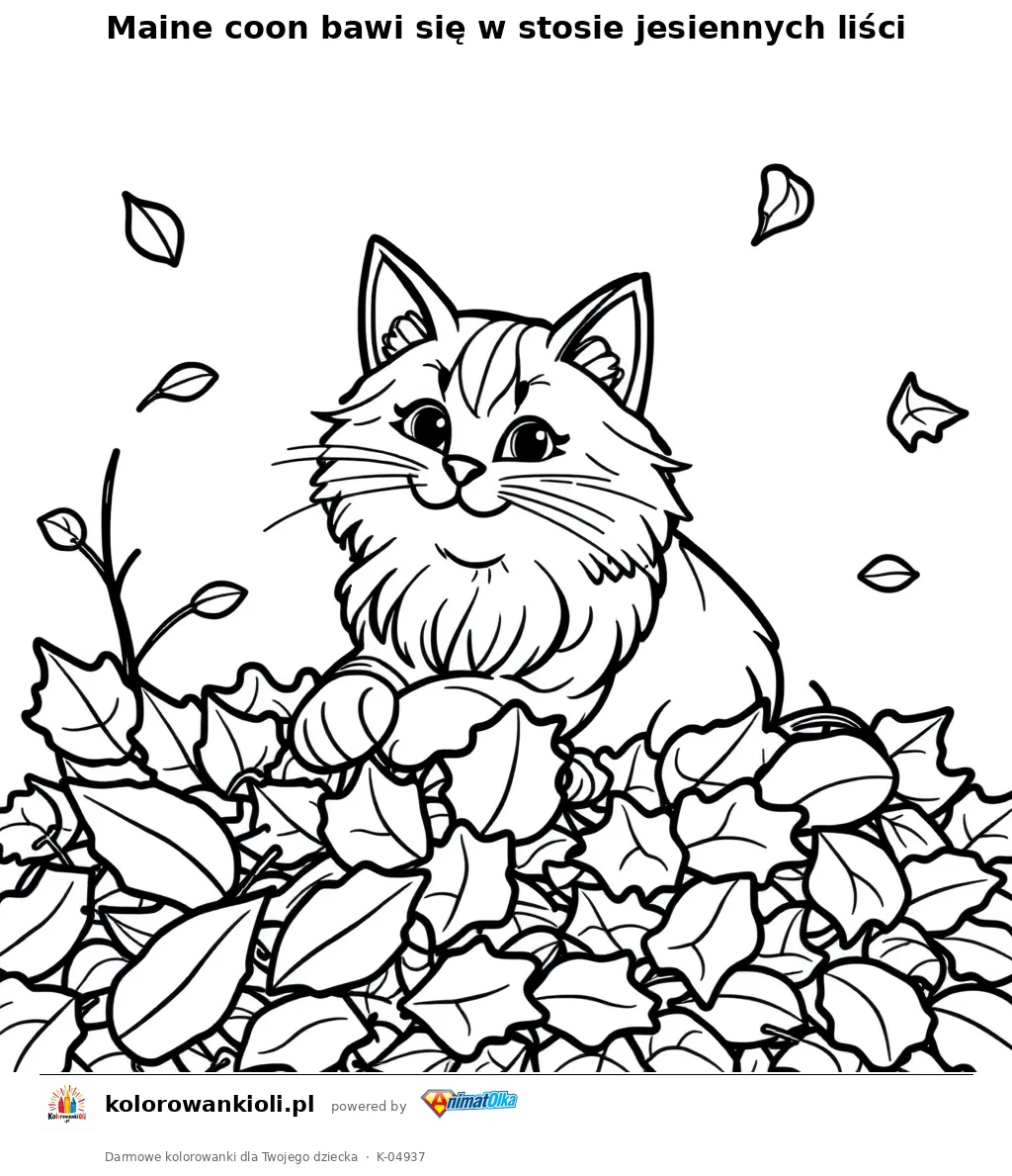 Maine coon bawi się w stosie jesiennych liści — kolorowanka do wydruku dla dzieci