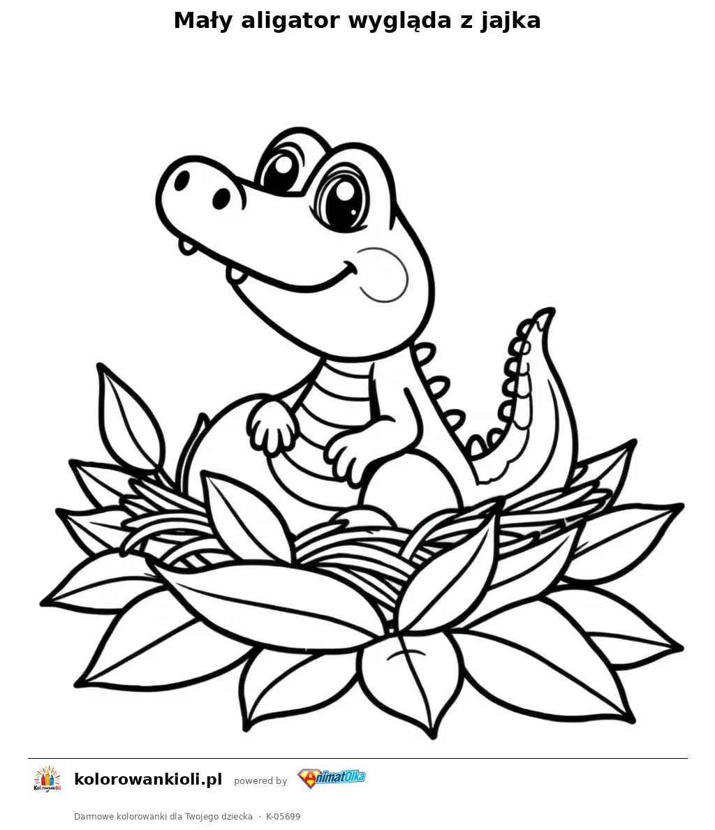 Mały aligator wygląda z jajka — kolorowanka do wydruku dla dzieci