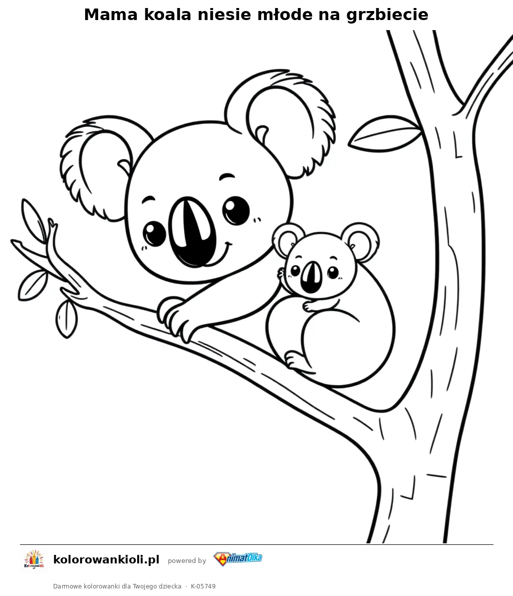 Mama koala niesie młode na grzbiecie — kolorowanka do wydruku dla dzieci