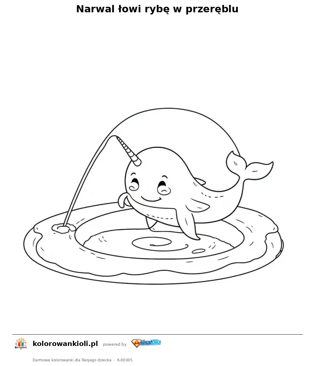 Narwal łowi rybę w przeręblu — kolorowanka do wydruku dla dzieci