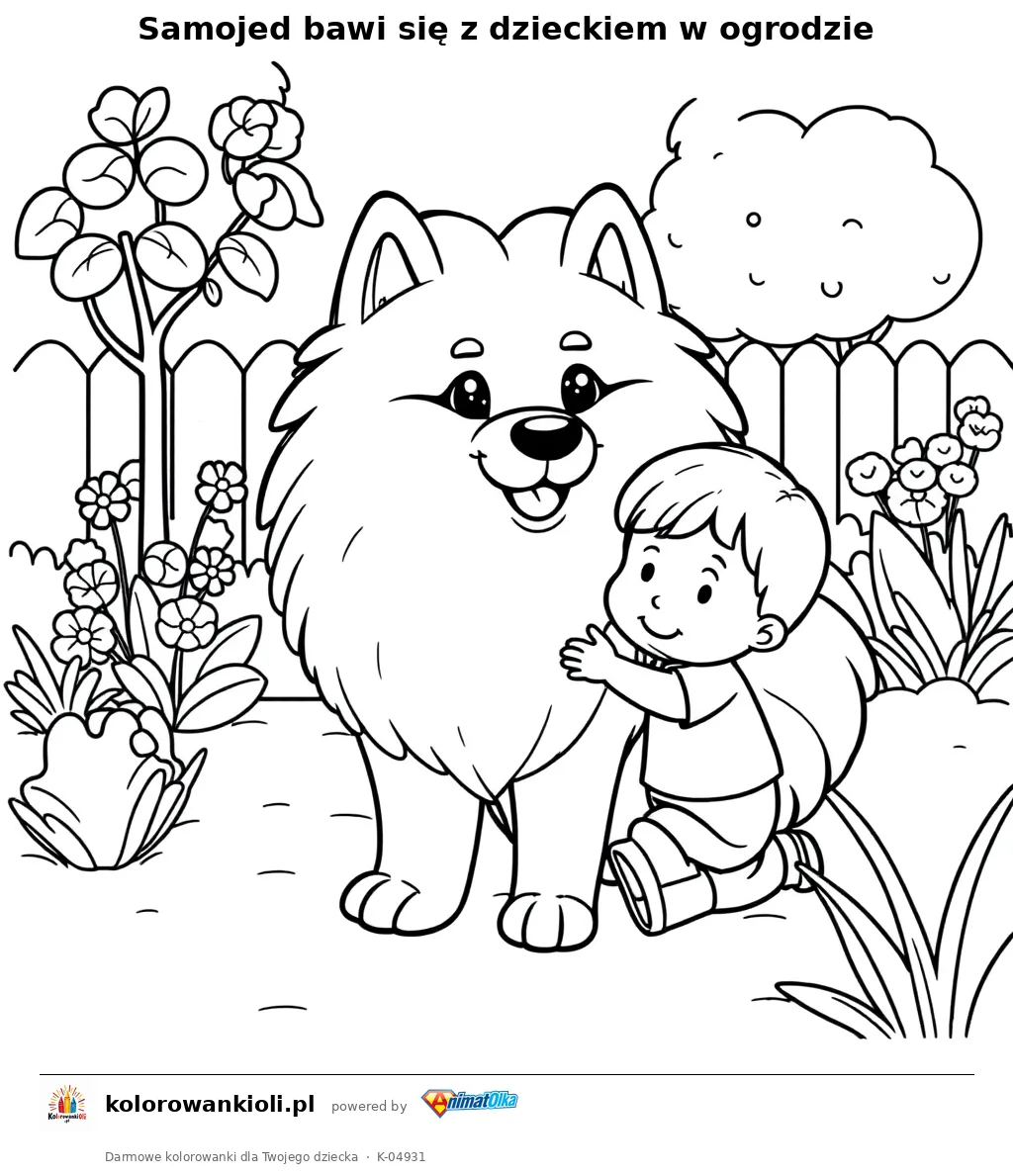 Samojed bawi się z dzieckiem w ogrodzie — kolorowanka do wydruku dla dzieci
