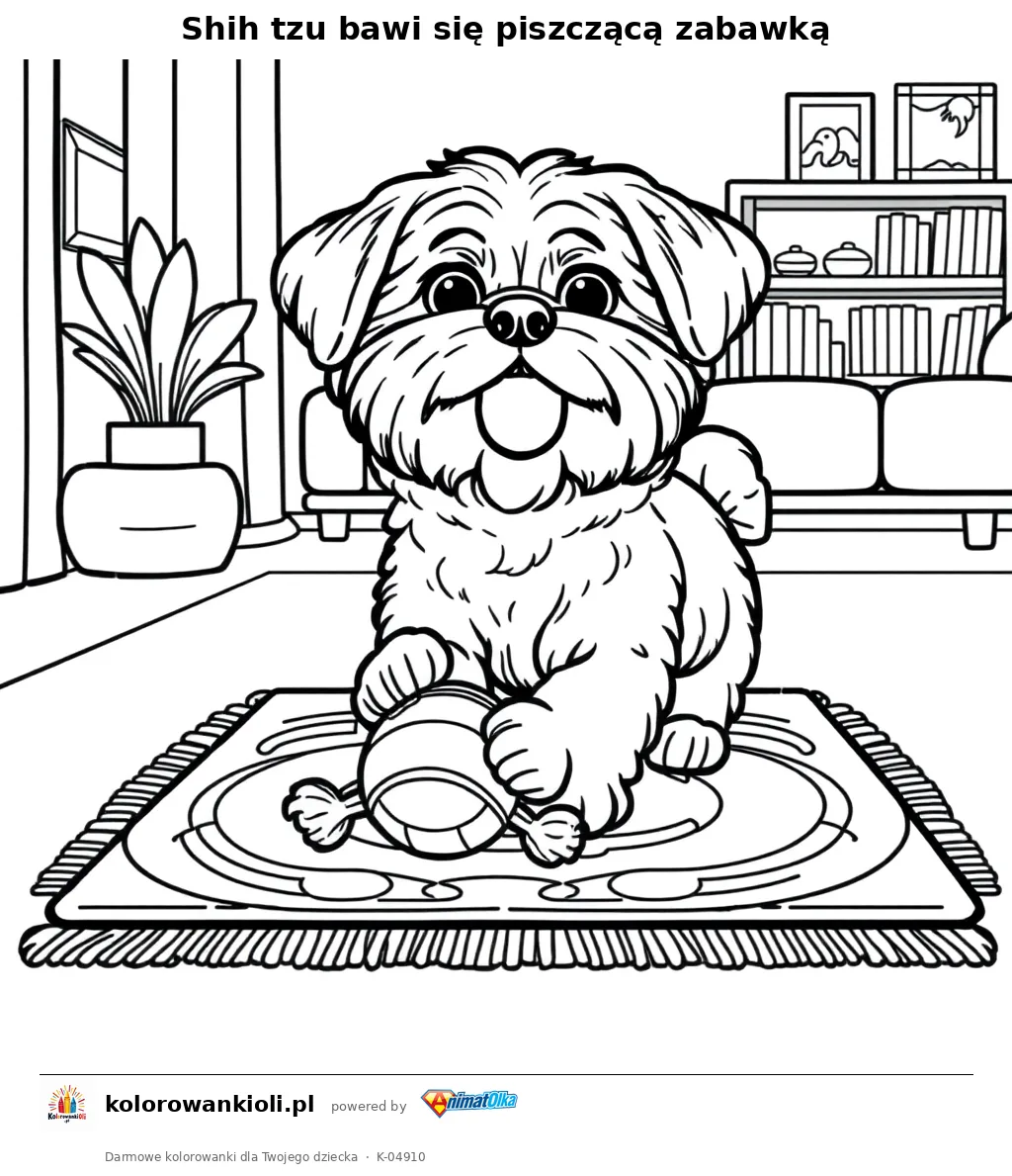Shih tzu bawi się piszczącą zabawką — kolorowanka do wydruku dla dzieci
