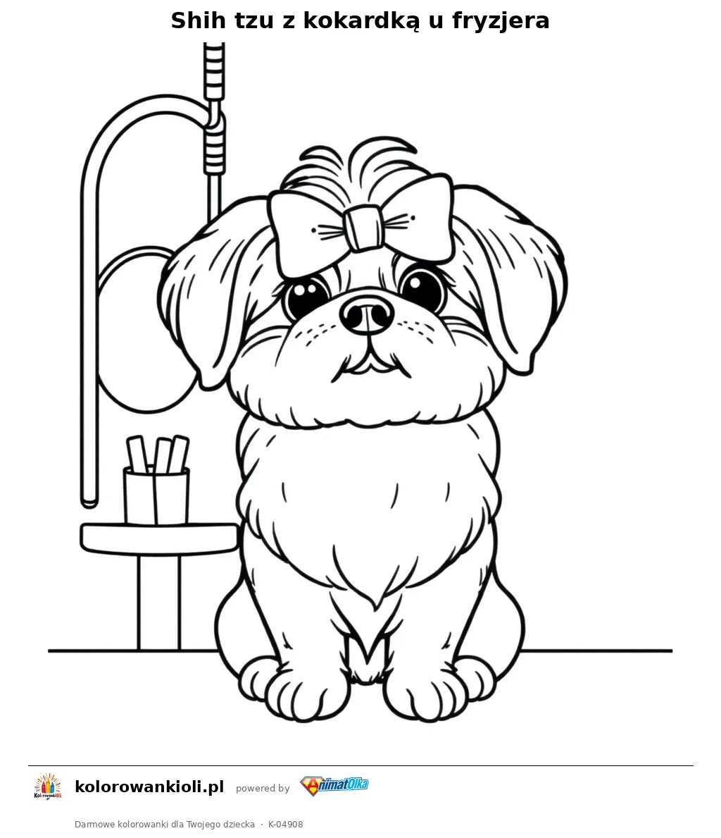 Shih tzu z kokardką u fryzjera — kolorowanka do wydruku dla dzieci